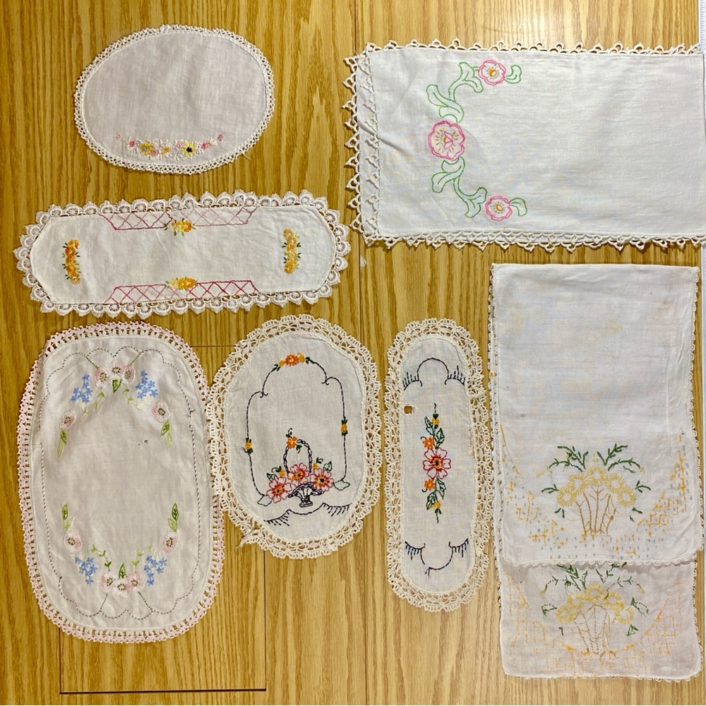 Vintage Embroidered Linen Doilies and Table Runners Handstitched Floral 7 pieces